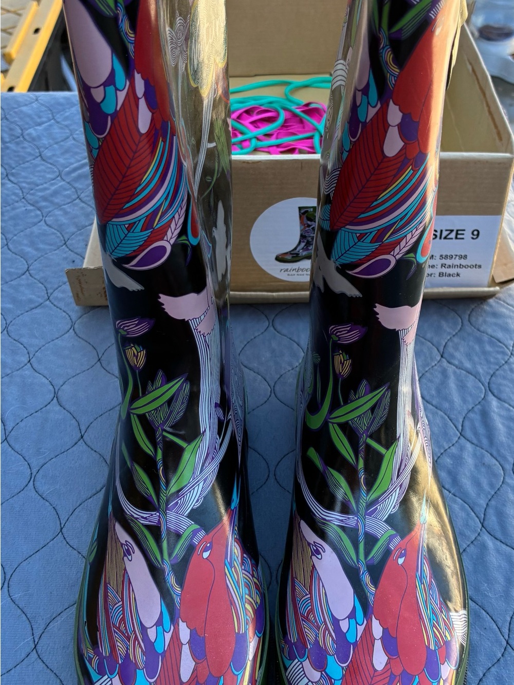Black Floral & Feather Pattern Tall Rain Boots - Colorful Accent